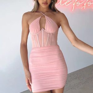 Robe Bustier Courte avec Corset Rose Poudrée, robe courte corset
