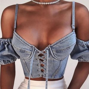 Top Corset En Jean Avec Bretelles,  top corset lacet