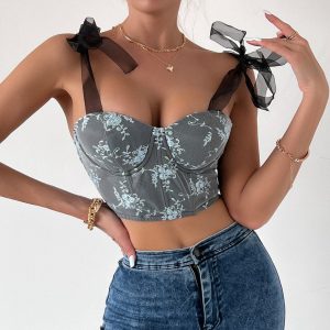 Corset Court Bleu Fleuri, top corset fleuri