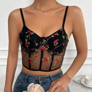 Corset Noir Avec Broderie Fleur Rouge, corset court