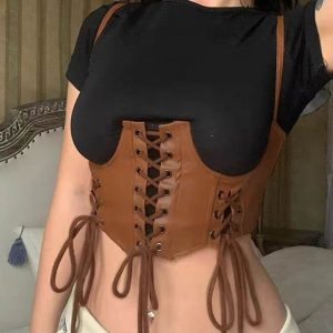 Ceinture Corset en Cuir Marron Avec Bretelles, ceinture underbust