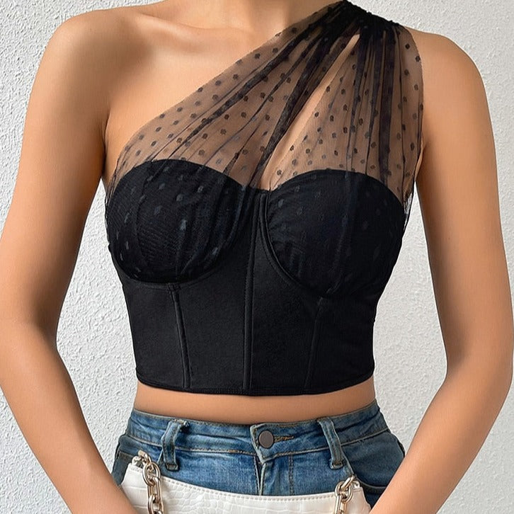 Sf2c3383c37ae4641808ba1e4481a2718P Bustier Noir Drapé, corset à pois