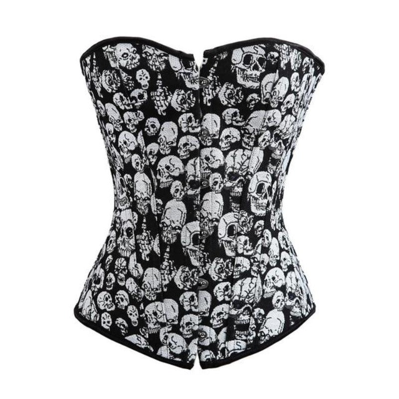 corset-femme-tete-de-mort un corset féminin avec des têtes de mort comme motif