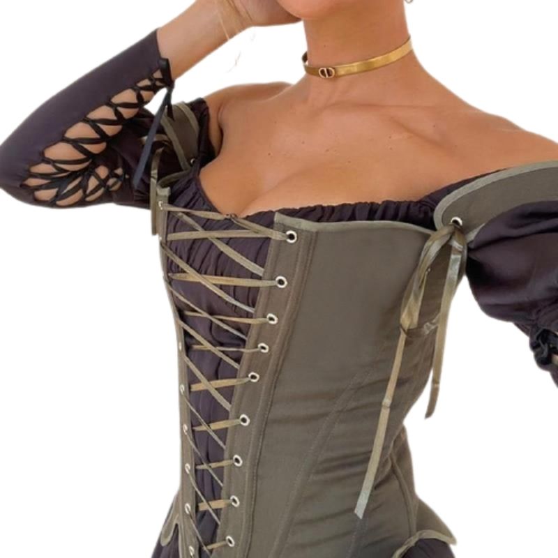 corset-top-vintage-kaki un corset top de couleur kaki avec un style vintage