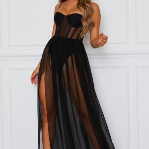 une longue robe corset de couleur noire | Maison du Corset